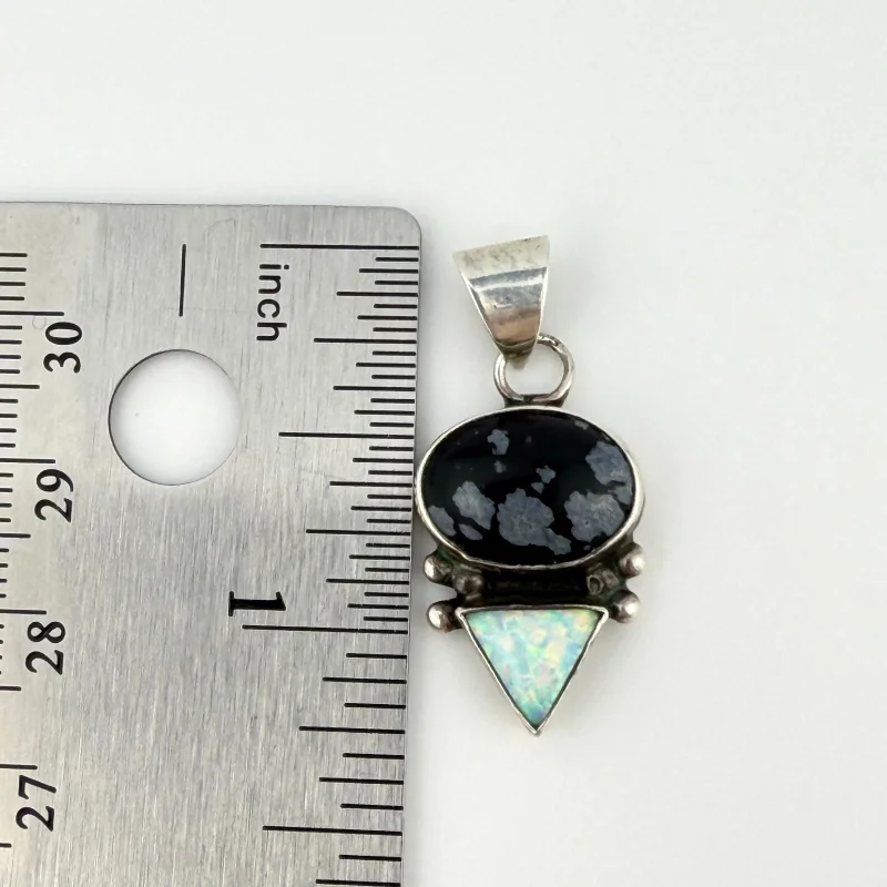Vintage Handmade Sterling Silver 925 Fire Opal & Snowflake Obsidian Pendant