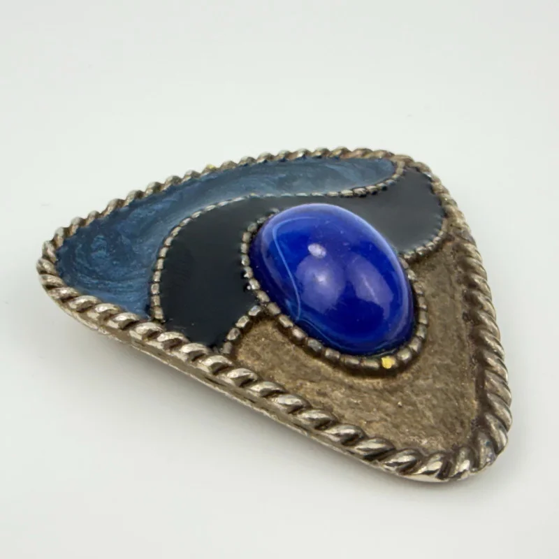 Vintage Triangle Metal Bolo Tie Blue Sodalite Blue Enamel, Western Design
