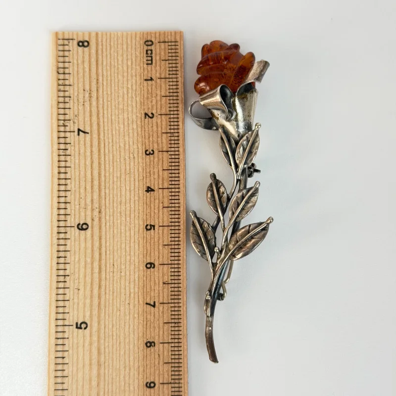 Antique Art Nouveau England .925 Sterling Silver Carved Amber Rose Brooch