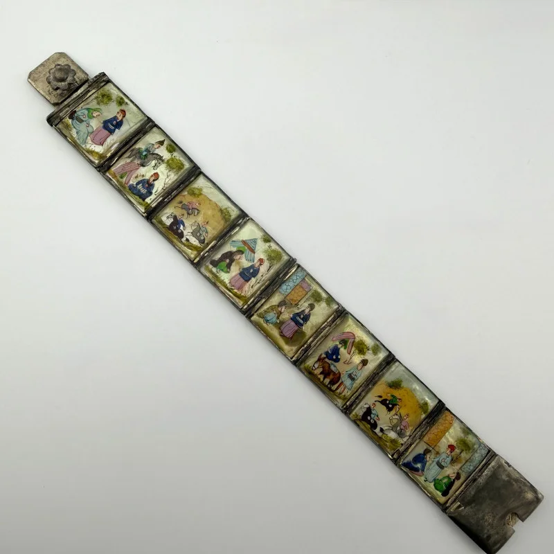 Vintage Antique Persian Miniature Painting Mother of Pearl Silver Bracelet