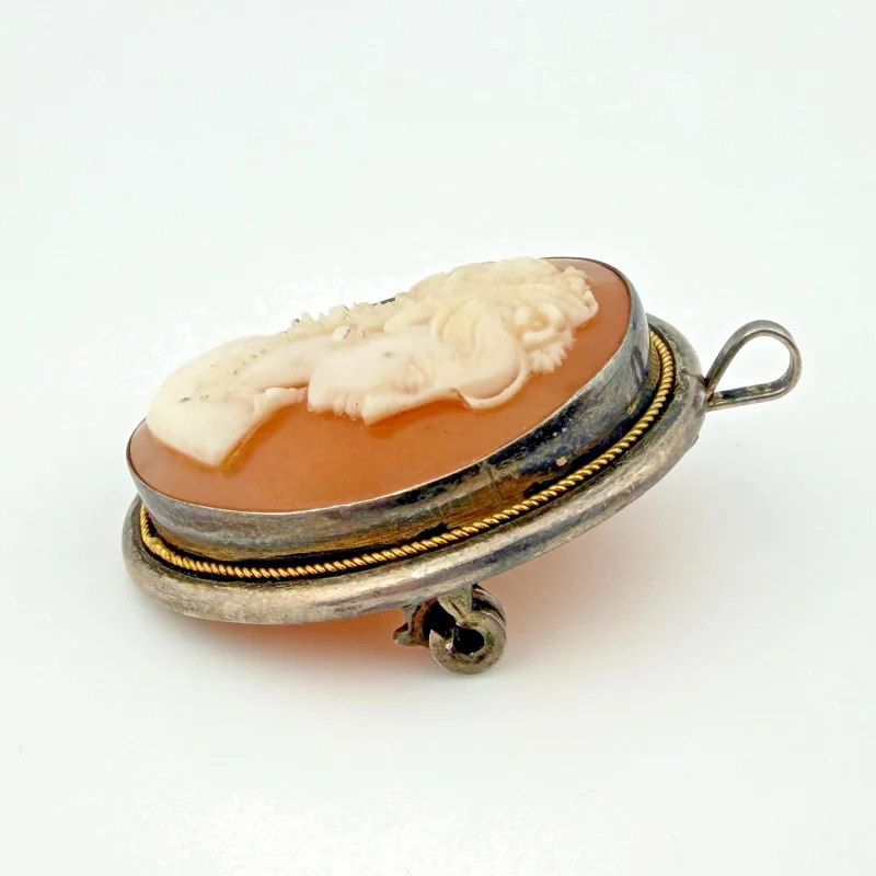 Vintage Handmade Silver Convertible Brooch Pendant Shell Cameo Lady Portrait