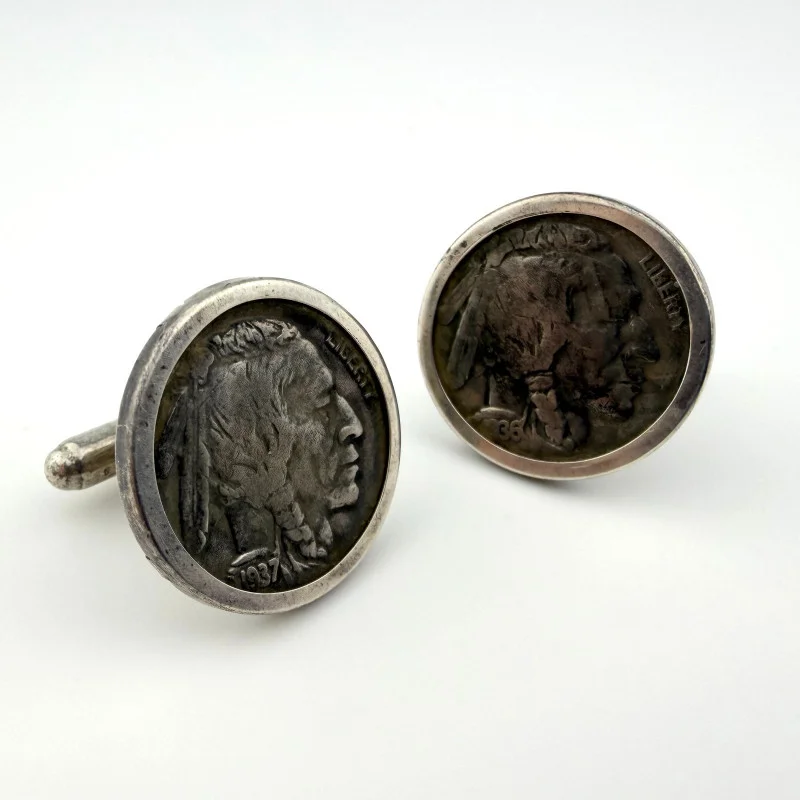 Cuff links 1936-1937 Buffalo Indian Nickel Coins Indian Head in a Silver Setting