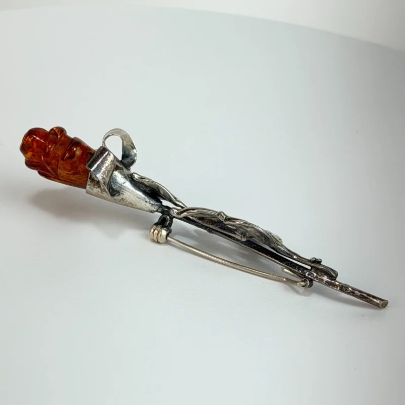 Antique Art Nouveau England .925 Sterling Silver Carved Amber Rose Brooch