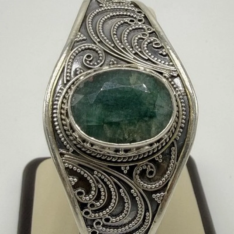 Vintage 925 Sterling Silver Filigree Cuff Bracelet Large Green Gemstone Handmade