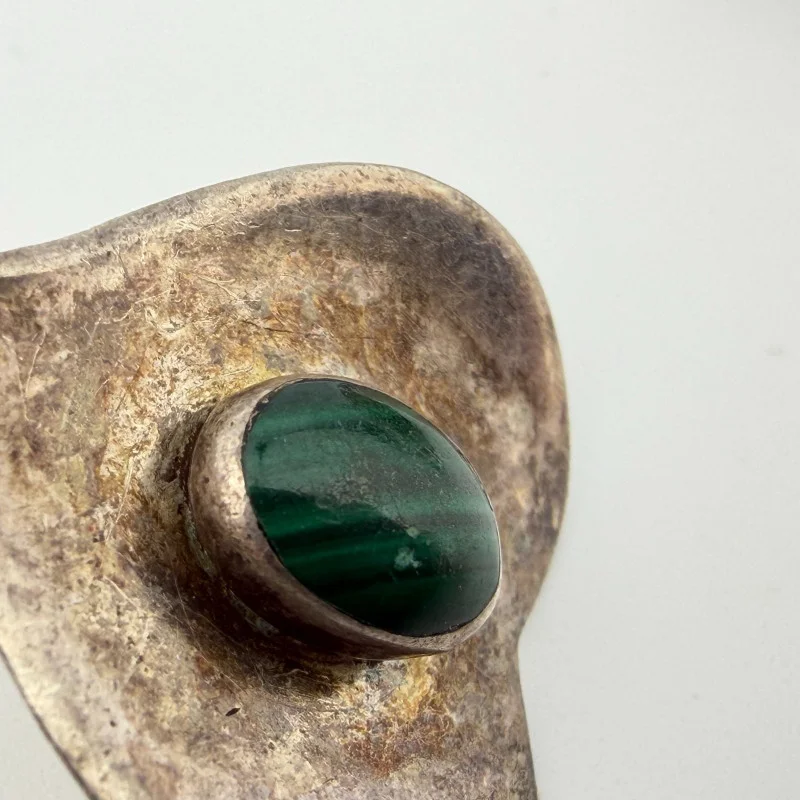Vintage Modernist 925 Sterling Silver Hook Earrings with Malachite - MF 925
