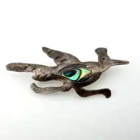 Vintage Taxco Mexico Sterling Silver Roadrunner Brooch with Abalone Inlay