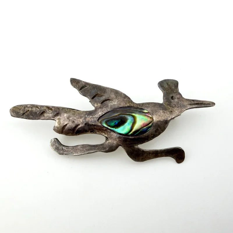 Vintage Taxco Mexico Sterling Silver Roadrunner Brooch with Abalone Inlay