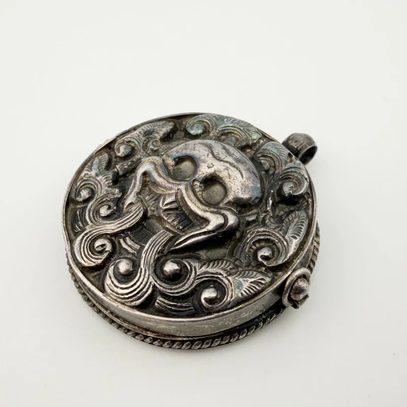 Antique Handmade Sterling Silver Kraken Pill Box / Trinket Box Pendant