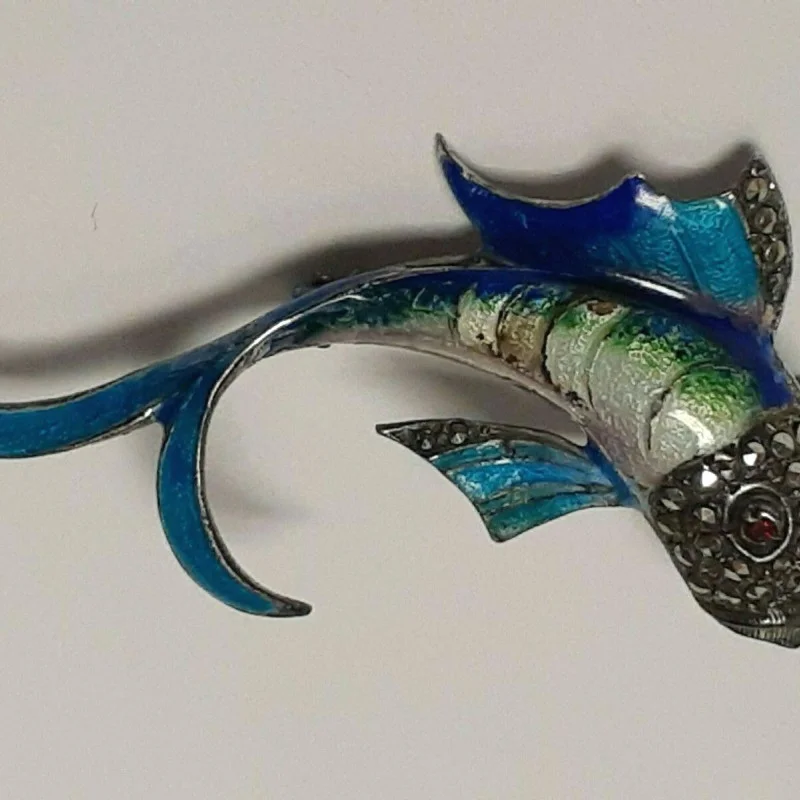 Antique Sterling Silver Designed Gems Faced Blue Multicolor Fish / 1 Ruby Eye  