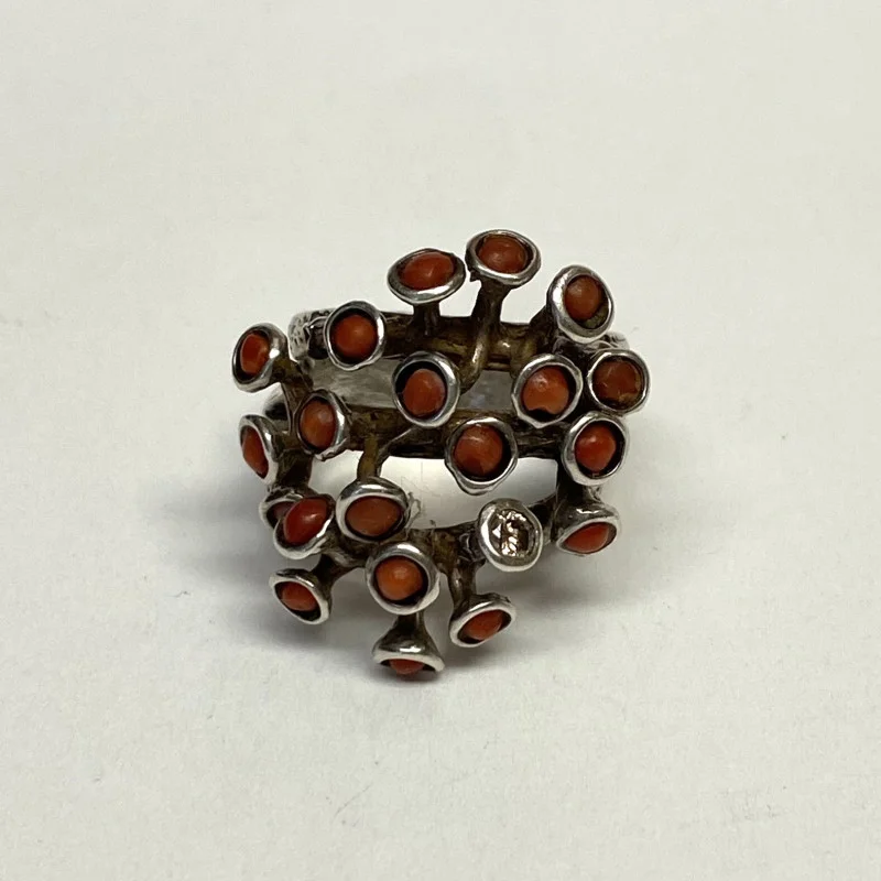 Vintage Designed Coral Stones & Diamond  Sterling Silver 925   Woman Ring Size 7