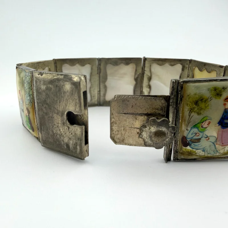 Vintage Antique Persian Miniature Painting Mother of Pearl Silver Bracelet