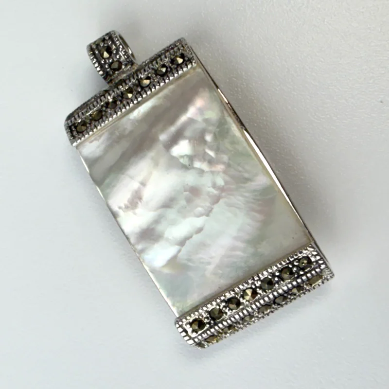 925 Sterling Silver Vintage Real Mother-of-Pearl & Marcasite Gemstone Pendant