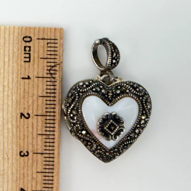 Vintage Marcasite Mother of Pearl Heart Locket/Pendant Sterling Silver Thailand