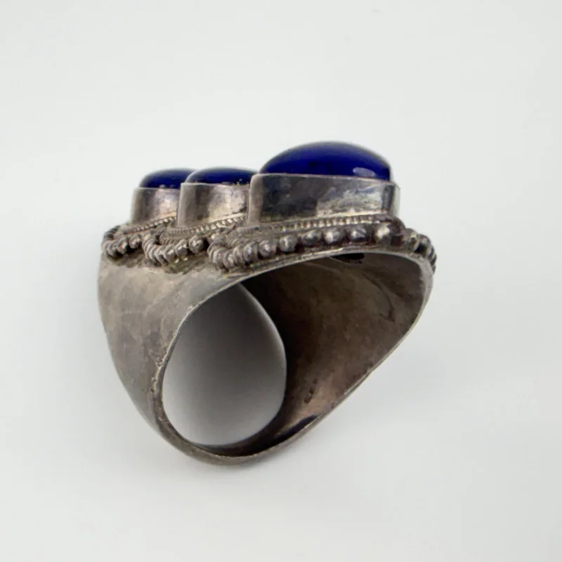 Bohemian Triple Stone Lapis Lazuli Elongated Massive Ring Sterling Silver Sz 10