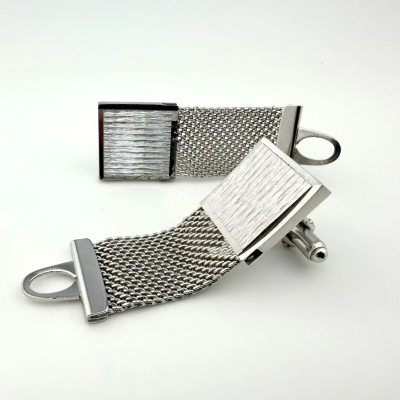 Vintage Square Cuff Links Textured Silver Tone Mesh Wrap Setting Cufflinks