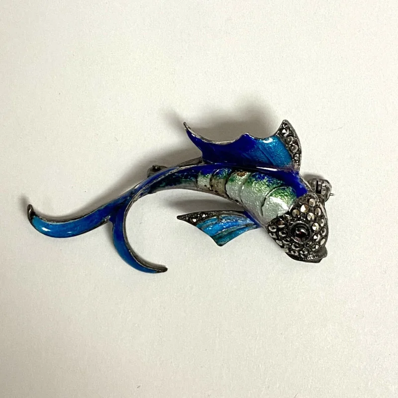Antique Sterling Silver Designed Gems Faced Blue Multicolor Fish / 1 Ruby Eye  