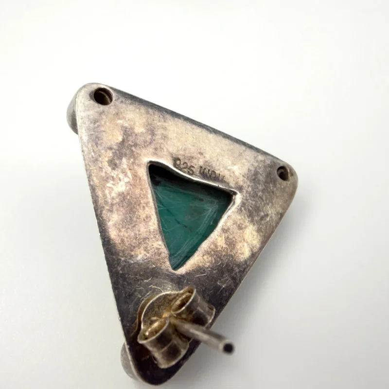 Vintage Dark Teal Turquoise Sterling Silver Triangle Stud Earrings Signed India