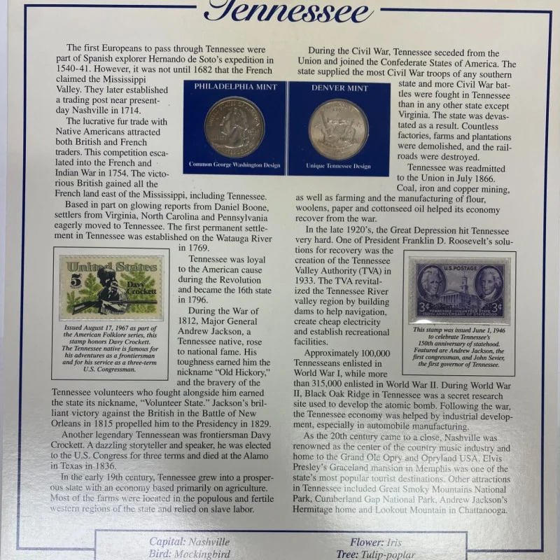 2002 Postal Commemorative Society Statehood Quarter/stamps Tennessee P & D