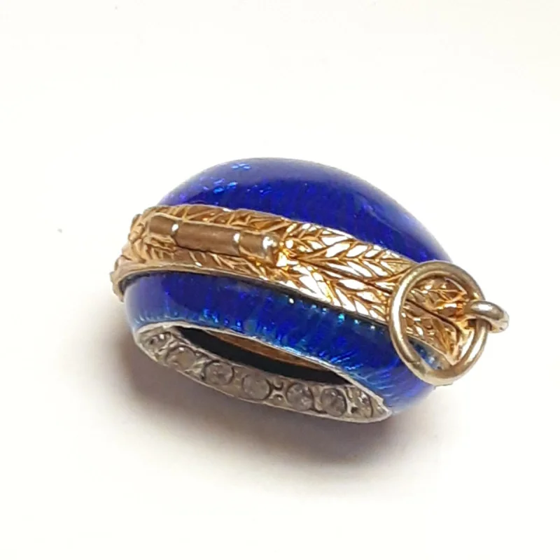 Small Antique Sterling Silver Blue  Enamel Egg  Engraved Angel Pendant