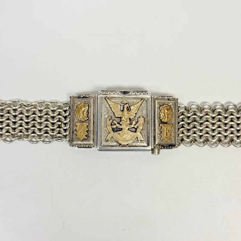 Rare Swiss .935 Sterling Silver Hidden Secret Watch Bracelet Gold Plated Vintage