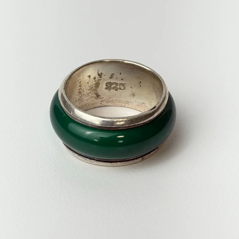 Vintage Rare Silver Banded Green Jade Eternity Band Ring, sz 6.0
