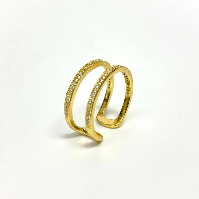 Yellow Gold Plated Double Band Cubic Zirconia .925 Silver Ring Sizes 8