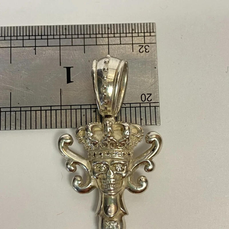 Justin Davis Sterling Silver Key Pendant with Crown and Skull Design, 3 inches