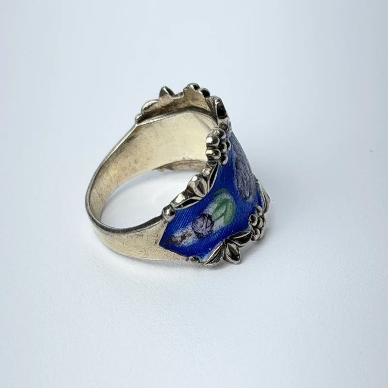 Vintage Guilloche Enamel Sterling Silver Floral Roses On Blue Ring, Sz 9.0