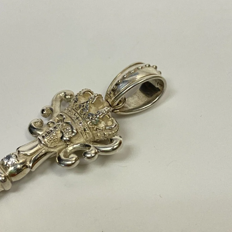 Justin Davis Sterling Silver Key Pendant with Crown and Skull Design, 3 inches