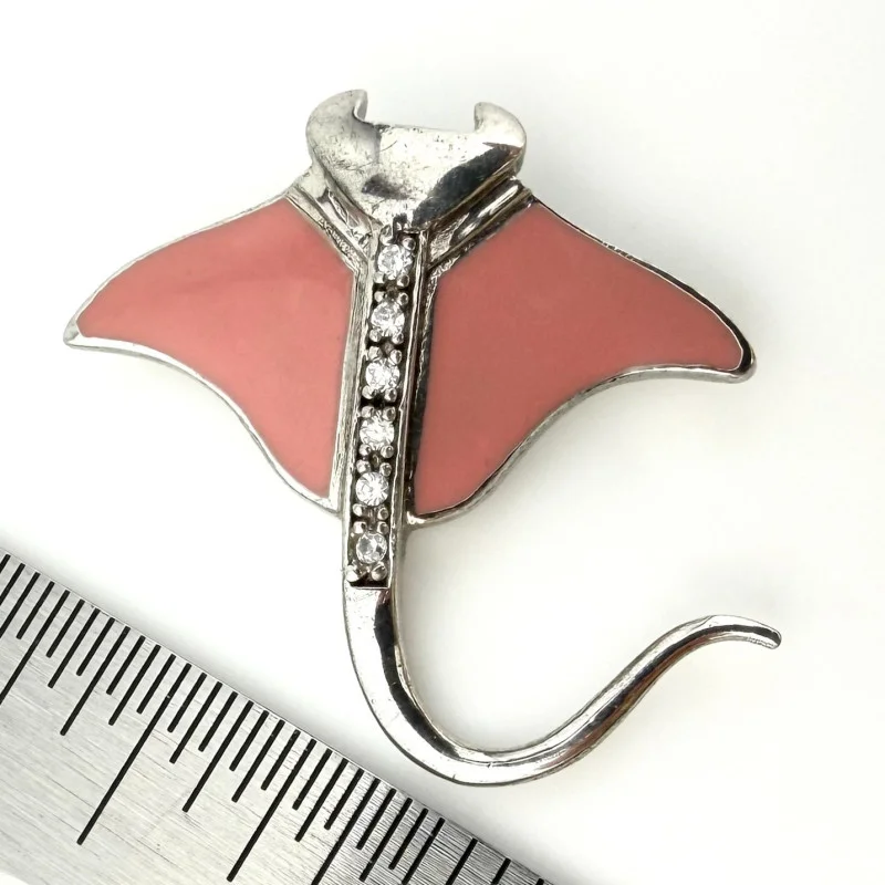 Vintage Shields Sterling Silver Pink Enamel Stingray / Manta Ray Pendant with CZ