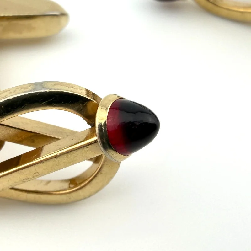 Vintage Golden Hickok Cufflinks USA Deco Style With Ruby Color Stones