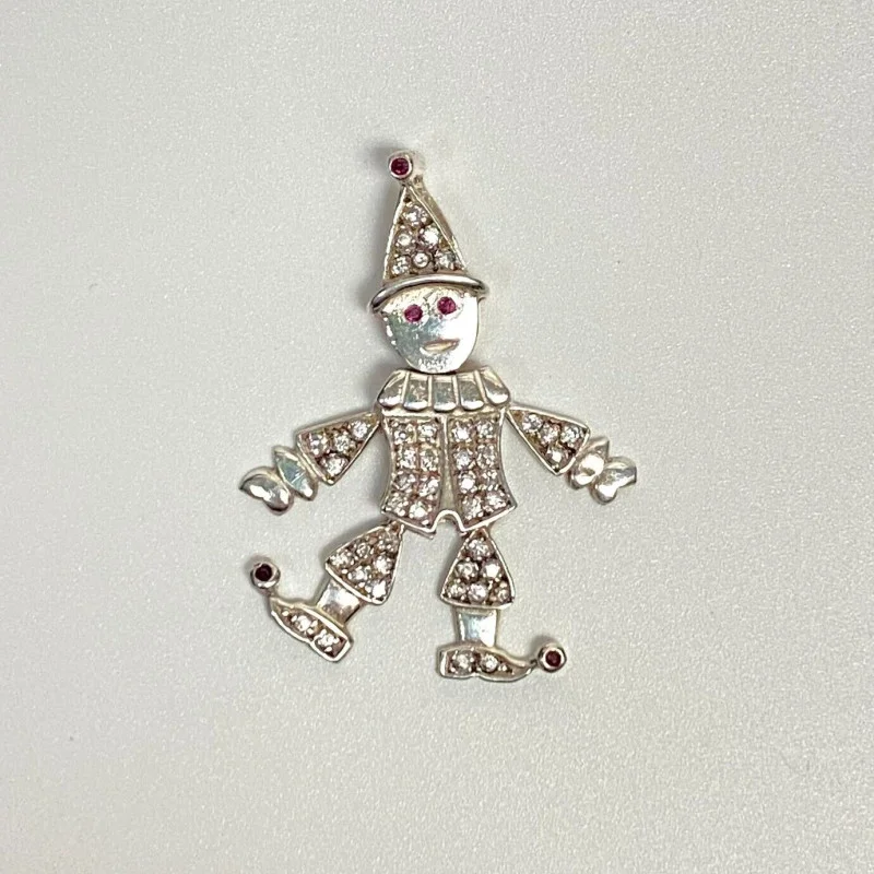 White Sapphires and Rubies Jointed Clown Silver Pendant
