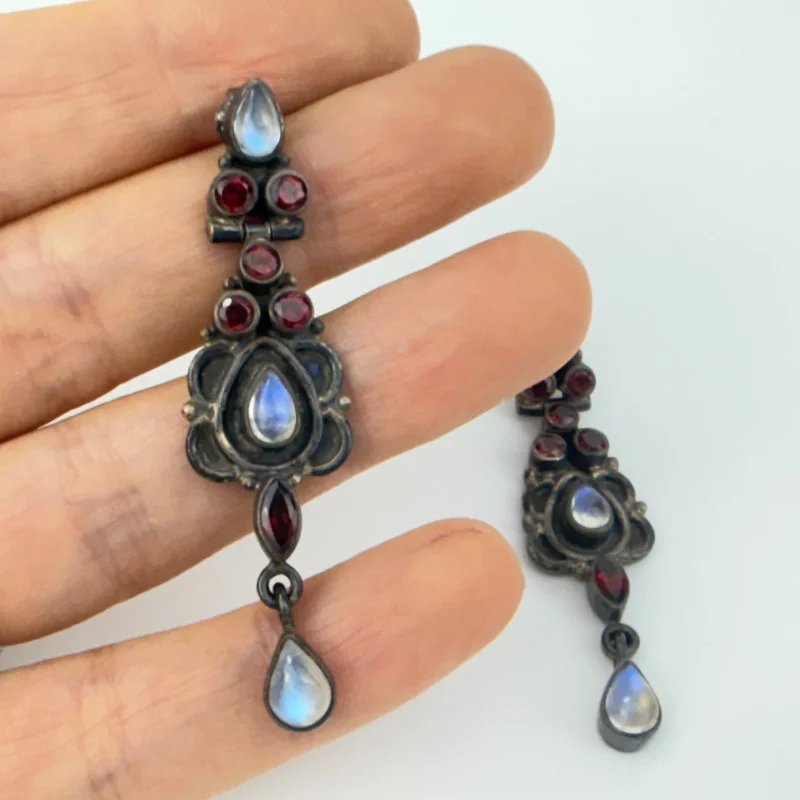 Nicky Butler India Sterling Silver 925 Moonstone & Garnet Dangle Earrings