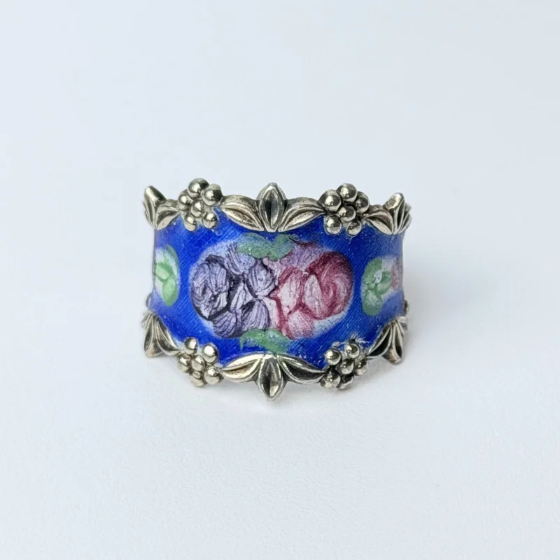 Vintage Guilloche Enamel Sterling Silver Floral Roses On Blue Ring, Sz 9.0