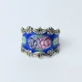 Vintage Guilloche Enamel Sterling Silver Floral Roses On Blue Ring, Sz 9.0