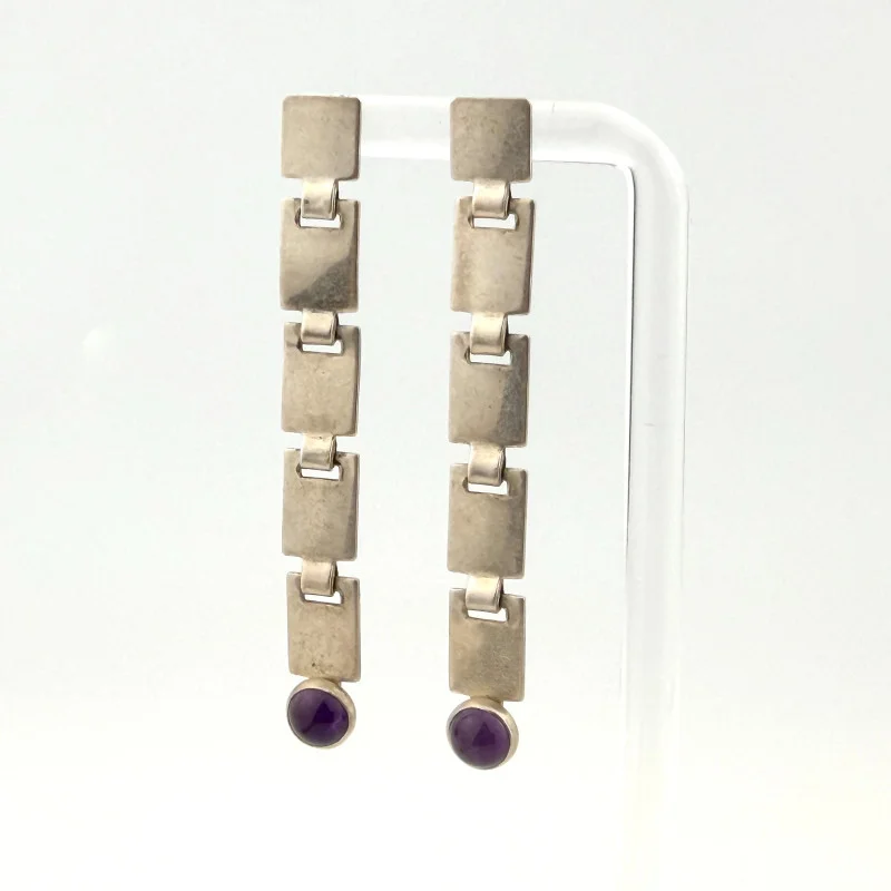 Vintage 925 Silver Long Modernist Dangle Earrings With Purple Iolite Stones