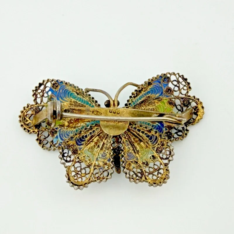 Vintage Butterfly Brooch Pin Chinese Export 800 Silver Filigree Plique-a-jour