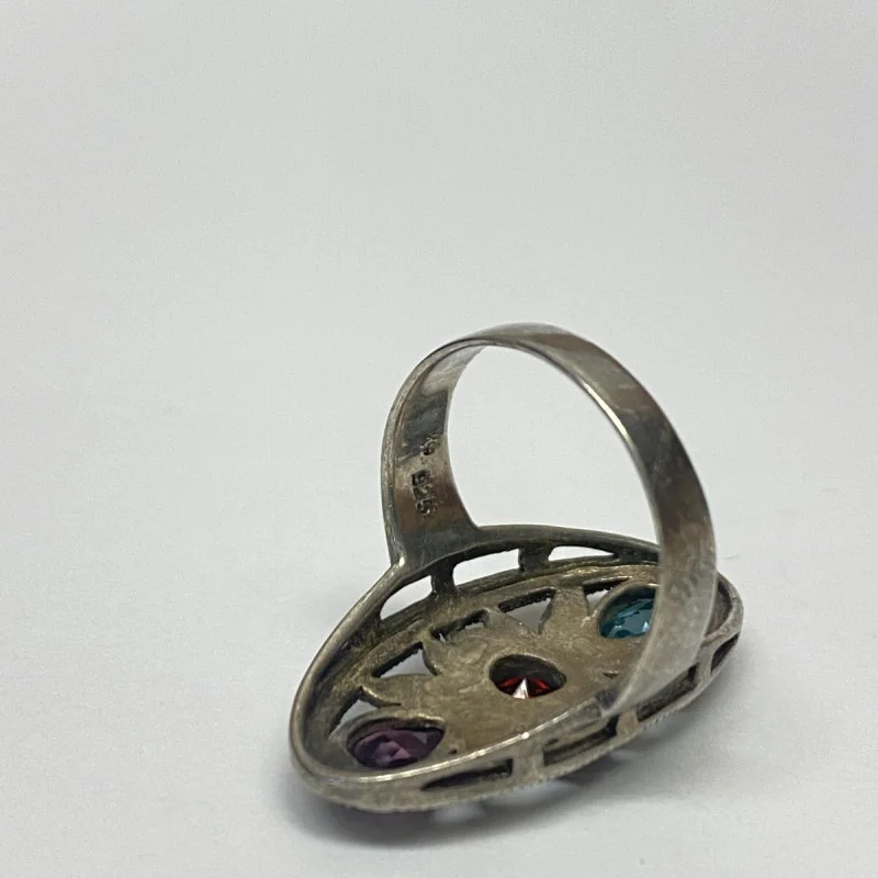 Vintage Sterling Silver Marcasite and Multi Color stones Ring Size 7.5