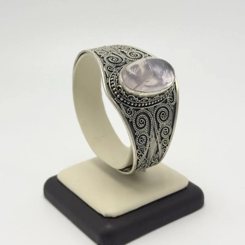 Vintage 925 Sterling Silver Filigree Cuff Bracelet Natural Pink Gemstone