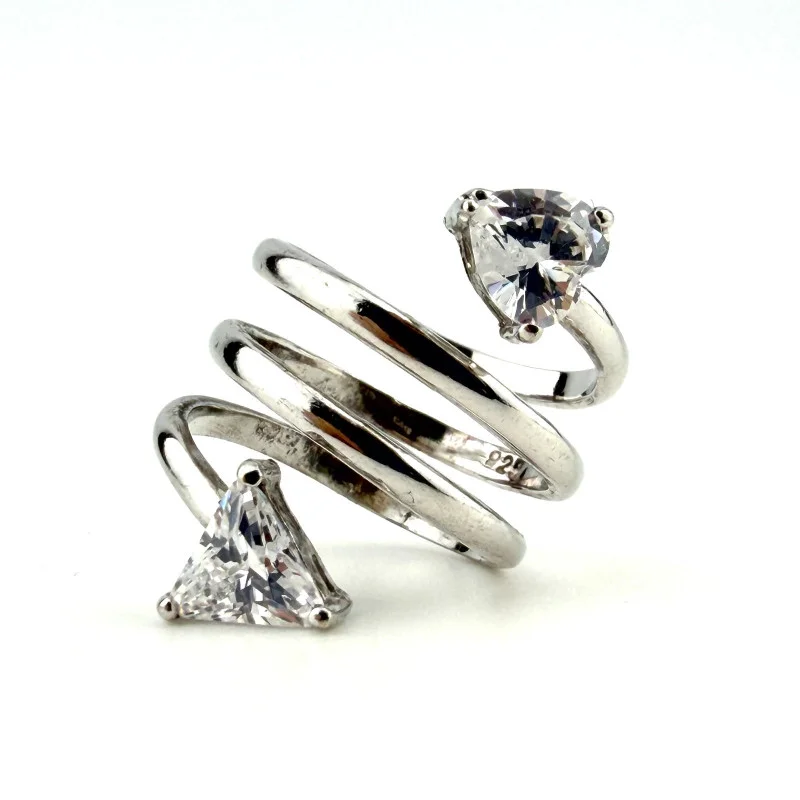 925 Sterling Silver Spiral Wrap Ring, 2 Triangular Cubic Zirconia Stones Size 5