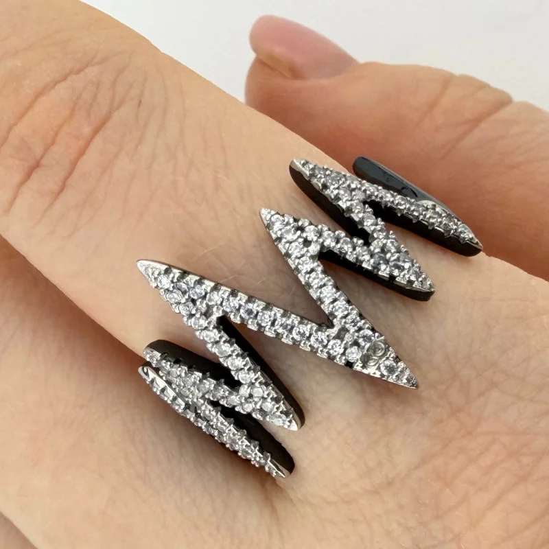 Heart Pulse Black Rhodium 925 Silver Cubic Zirconia Ring Sz 9.5