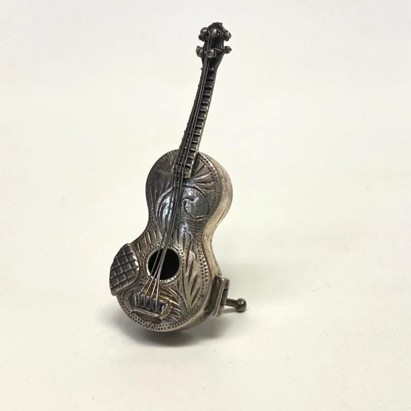 Rare Antique Sterling Silver Miniature Scroll Guitar Pill Box Dove Doll House