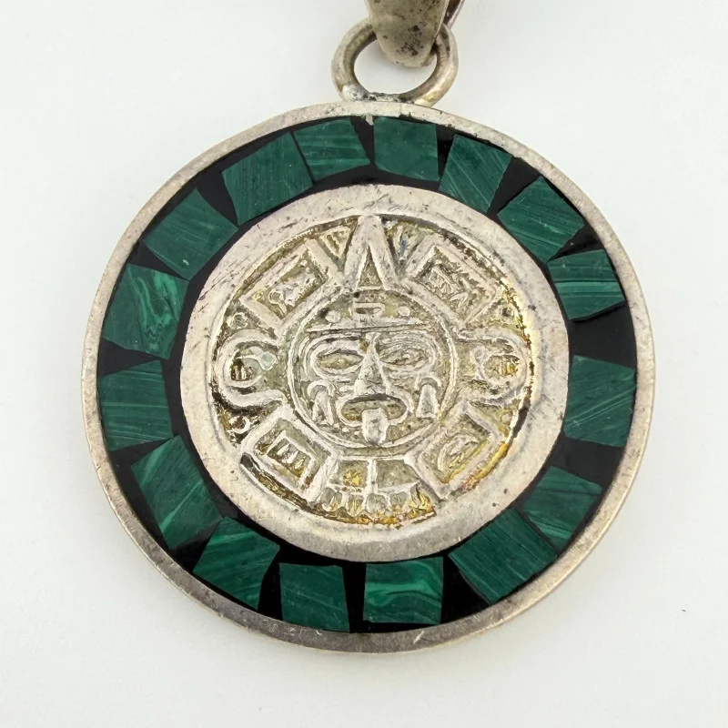Vintage Mexican Sterling Silver Aztec Mayan Face Malachite Inlay Pendant MFX 925