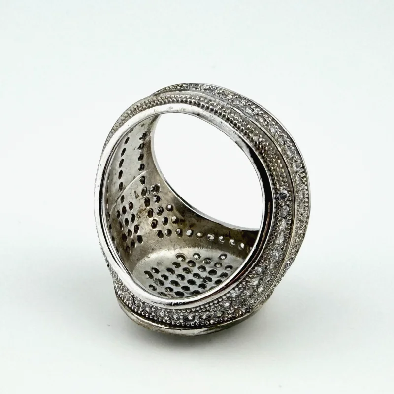 Hip Hop Ring Silver Finish With a Scattering of Cubic Zirconia Stones Size 10.25
