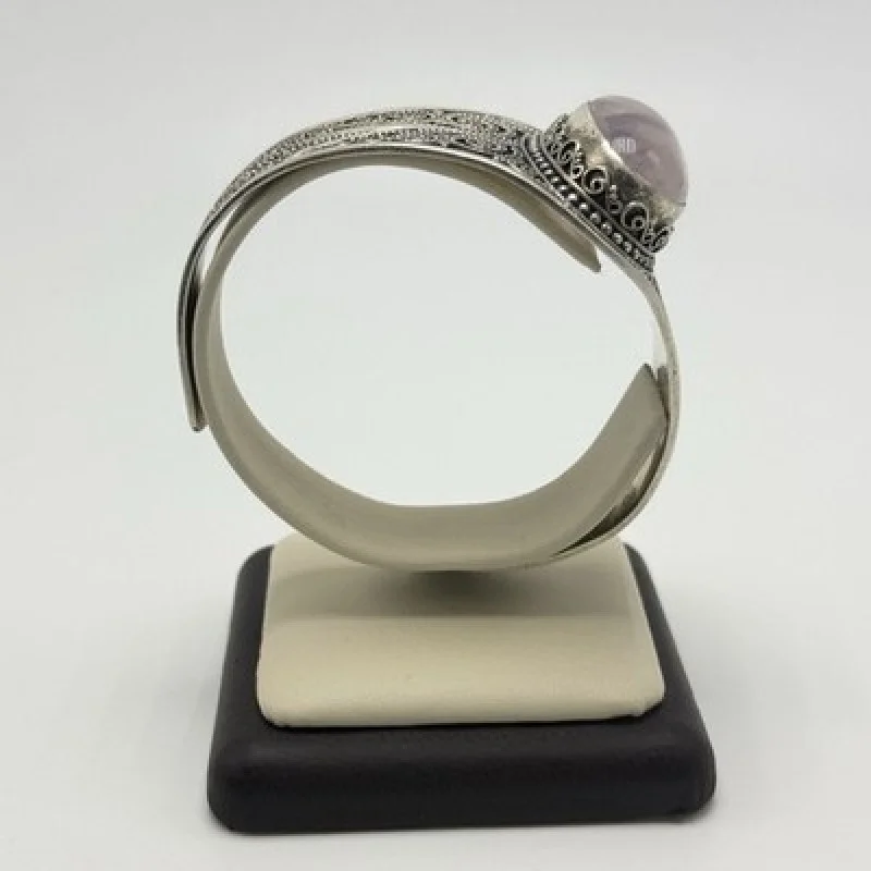 Vintage 925 Sterling Silver Filigree Cuff Bracelet Natural Pink Gemstone