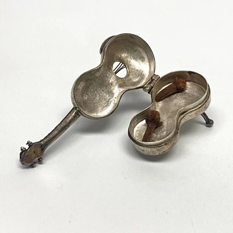 Rare Antique Sterling Silver Miniature Scroll Guitar Pill Box Dove Doll House
