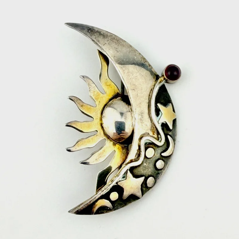 Sterling with Gold Wash Pin - Sun, Quart Moon & Stars with Garnet