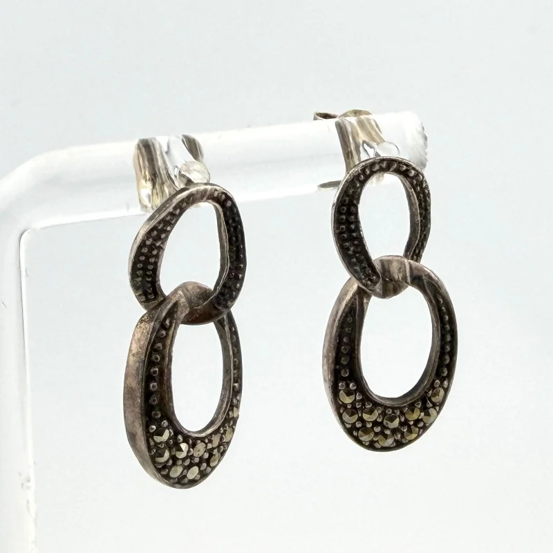 Vintage Sterling Silver Marcasite Interlocking Circle Dangle Earrings