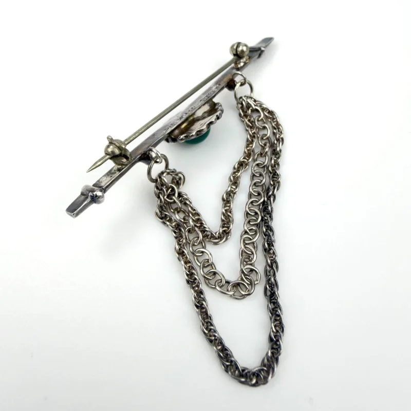 Rare Vintage Sue Susan Drabkin Sterling Silver Brooch with Chains and Green Jade