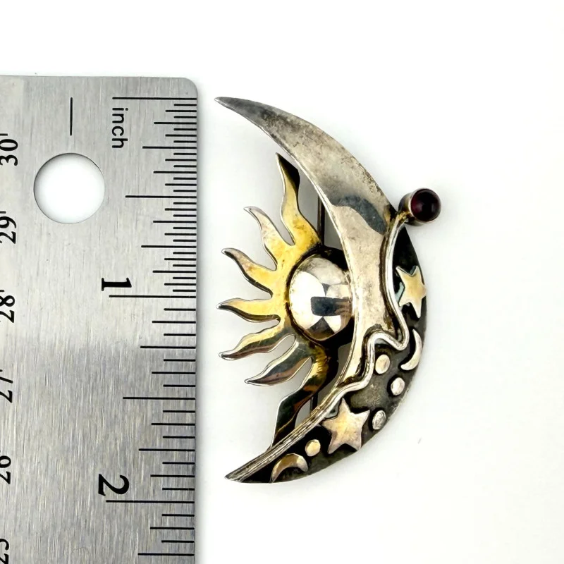 Sterling with Gold Wash Pin - Sun, Quart Moon & Stars with Garnet